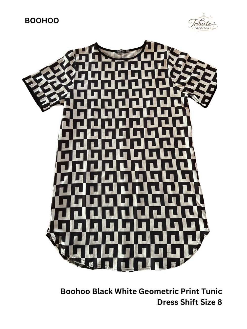 Boohoo Black White Geometric Print Tunic Dress Shift Size 8